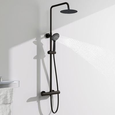 AICA Colonne de douche thermostatique noire mate, avec douche de tête ronde et douchette à main réglable en plusieurs modes