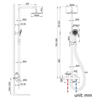 AICA Colonne de douche thermostatique noire mate, avec douche de tête ronde et douchette à main réglable en plusieurs modes