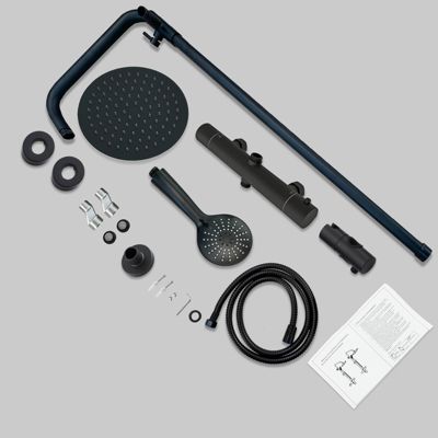 AICA Colonne de douche thermostatique noire mate, avec douche de tête ronde et douchette à main réglable en plusieurs modes