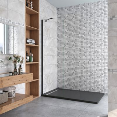 AICA Paroi de douche 50x200cm profil Noir mat paroi de douche à l'italienne verre anticalcaire avec barre de fixation noire 45cm