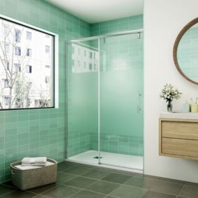 AICA porte de douche coulissante 140x190cm verre sablé au centre avec l'amortisseur porte coulissante installée à gauche