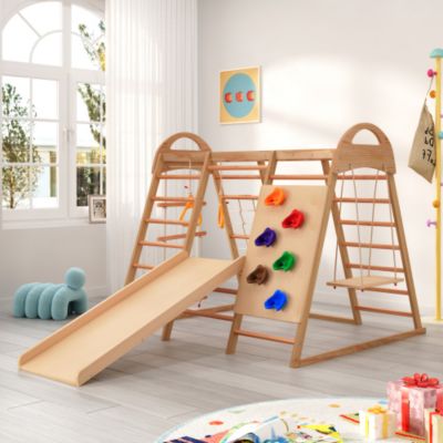 Aire de jeux 7 en 1 - Balançoire, échelle, toboggan et support, filet et anneaux d'escalade - Contreplaqué et hêtre