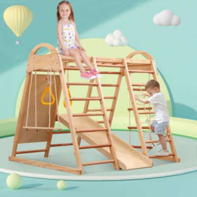 Aire de jeux 7 en 1 - Balançoire, échelle, toboggan et support, filet et anneaux d'escalade - Contreplaqué et hêtre