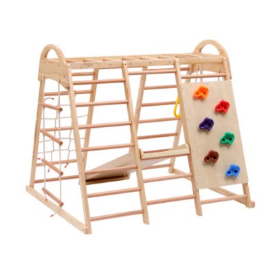 Aire de jeux 7 en 1 - Balançoire, échelle, toboggan et support, filet et anneaux d'escalade - Contreplaqué et hêtre