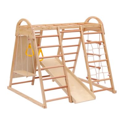 Aire de jeux 7 en 1 - Balançoire, échelle, toboggan et support, filet et anneaux d'escalade - Contreplaqué et hêtre