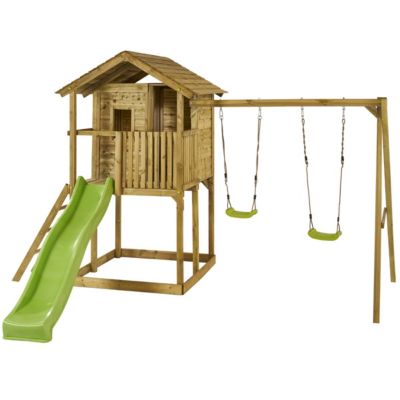 Aire de jeux bois  balançoires, toboggan, cabane et balcon WAPITI