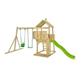 Aire de jeux bois kingswood  balançoire / bras de portique / fauteuil bebe / kit d'ancrage / bac à sable h.306 cm