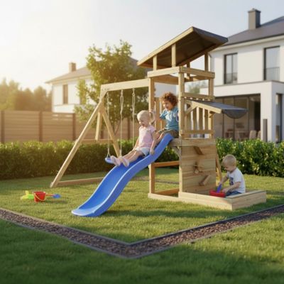 AXI Timo Mini – Aire De Jeux Compacte : Toboggan Bleu, Balançoire Bébé, Mur D’escalade, Tableau Noir – Dès 2 Ans, Bois FSC