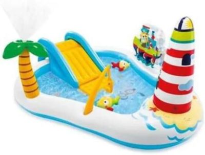 Aire de jeux gonflable Paradise, Toboggan, jets eau et accessoires marins
