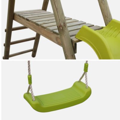 Aire de jeux avec bac à sable et balançoire 1 siège – Toboggan vert 2,2m – Bois en pin autoclave classe 3 – Surface 5,8m² pour 5 utilisateurs – Fungoo