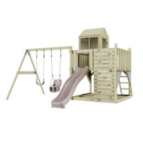Aire de jeux PolarPlay Thea portique bois avec balançoire et mur d'escalade avec toboggan & échelle d'escalade