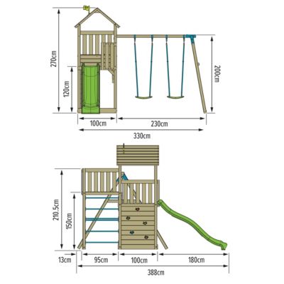 Aire de jeux Sarriette Skywood double plateformes avec balançoire, toboggan et bac à sable