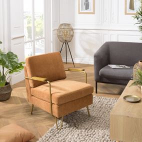 ALBANE - Fauteuil lounge tissu orange métal doré accoudoirs bois