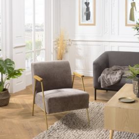 ALBANE - Fauteuil lounge tissu taupe métal doré accoudoirs bois