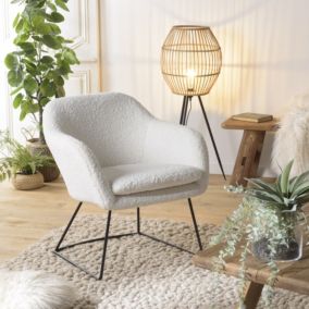 ALBANE - Fauteuil urban tissu bouclette blanc pieds évasés métal noir