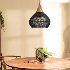 ALIDA - Suspension 'cloche' 40x40cm en rotin couleur noire et teck