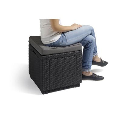 ALLIBERT JARDIN Table-pouf avec coussin et rangement integre - Imitation rotin tresse graphite