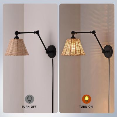 ALPINALUZ Applique murale avec bras oscillant et abat-jour en rotin  Style rustique, douille E27 avec câble, prise et interrupteur