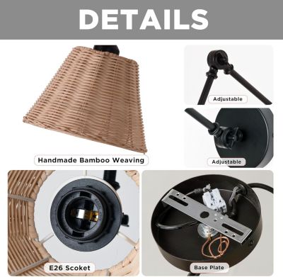 ALPINALUZ Applique murale avec bras oscillant et abat-jour en rotin  Style rustique, douille E27 avec câble, prise et interrupteur