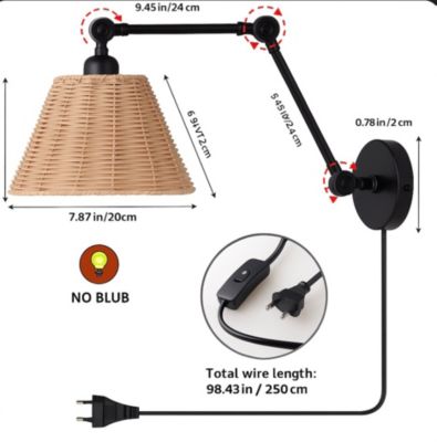 ALPINALUZ Applique murale avec bras oscillant et abat-jour en rotin  Style rustique, douille E27 avec câble, prise et interrupteur