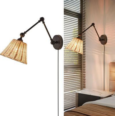 ALPINALUZ Applique murale avec bras oscillant et abat-jour en rotin  Style rustique, douille E27 avec câble, prise et interrupteur