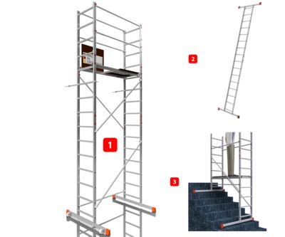 AluCombine 3 500 hauteur de travail 5m echafaudage echellee traverse 2 roues echafaudage fixes 80mm ancrages muraux