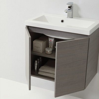 Aménagement De Salle De Bain Suspendu 80Cm Gris Avec Lavabo Et Miroir 80X70 - Manhattan