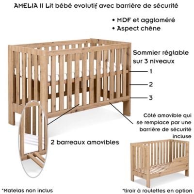 AMELIA II Lit bébé évolutif avec barrière de sécurité Chêne sans tiroir