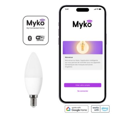 Ampoule LED connectée Myko E14 flamme 470lm=40W variation de blancs et couleurs Jacobsen blanc