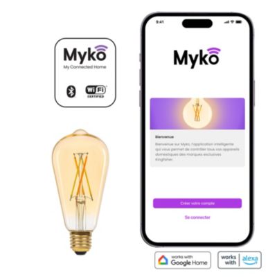 Ampoule LED connectée Myko E27 Edison à filament 806lm=60W variation de blancs Jacobsen ambrée