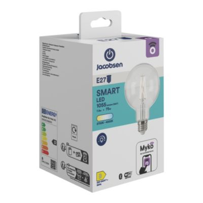 Ampoule LED connectée Myko E27 globe Ø9,5cm à filament 1055lm=75W variation blancs Jacobsen transparent