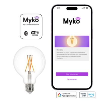 Ampoule LED connectée Myko E27 globe Ø9,5cm à filament 1055lm=75W variation blancs Jacobsen transparent