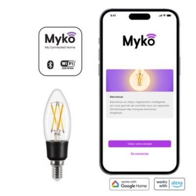 Ampoule LED connectée Myko LED E14 flamme à filament 470lm=40W variation de blancs Jacobsen transparent