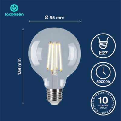 Ampoule LED E27 globe filament transparent 806 lm blanc chaud 3,8W grade A Jacobsen