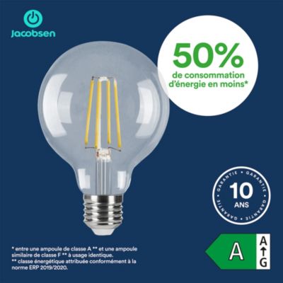 Ampoule LED E27 globe filament transparent 806 lm blanc chaud 3,8W grade A Jacobsen
