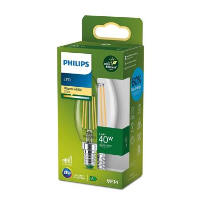 Ampoule LED flamme UltraEfficient filament transparente E14 485lm 2.3W = 40W IP20 blanc froid Philips