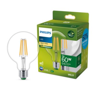 Ampoule LED globe E27 840lm=60W blanc chaud Philips ⌀9,5 cm transparent