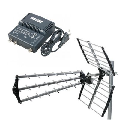 Antenne TNT Trinappe Gain 18dB + Amplificateur tnt 2 Sorties HDSAT