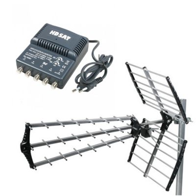Antenne TNT Trinappe Gain 18dB + Amplificateur tnt 4 Sorties HDSAT