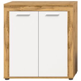 Aosta - Buffet haut en mélaminé blanc et chêne, L/H/P 80x88x35