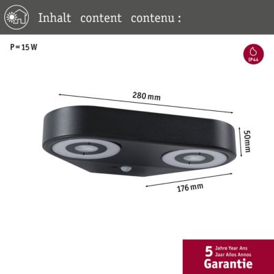 Applique d'extérieur LED Silma Détecteur de mouvement crépusculaire (IR) Double émission lumineuse IP44 carré 280x176 mm 3000K 2x5