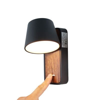 Applique Murale avec Projecteur LED 6W Orientable et Interrupteur Métal Noir et Bois pour Table de Nuit - Idéal pour Cha