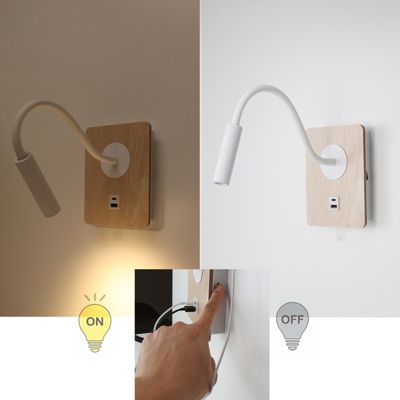 Applique murale blanc et bois avec faisceau de lecture flexible 3W port USB et Type C interrupteur avec puces CREE