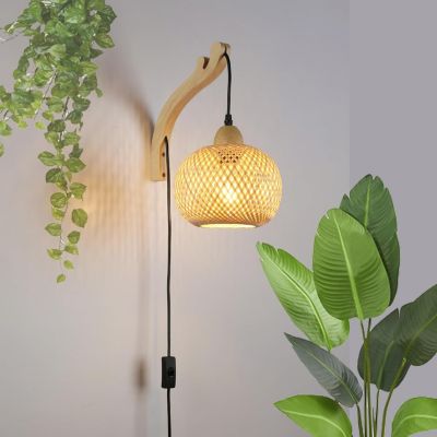 Applique Murale en Bois avec Abat-jour Rond en Rotin Câble Interrupteur et Prise RAMA E27