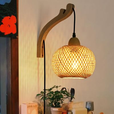 Applique Murale en Bois avec Abat-jour Rond en Rotin Câble Interrupteur et Prise RAMA E27
