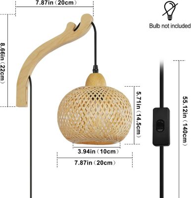 Applique Murale en Bois avec Abat-jour Rond en Rotin Câble Interrupteur et Prise RAMA E27