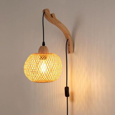 Applique Murale en Bois avec Abat-jour Rond en Rotin Câble Interrupteur et Prise RAMA E27