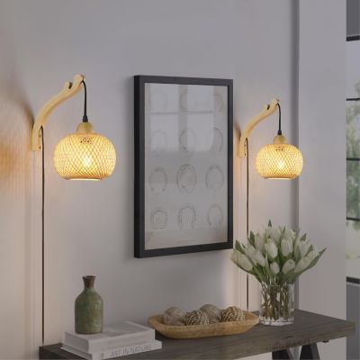 Applique Murale en Bois avec Abat-jour Rond en Rotin Câble Interrupteur et Prise RAMA E27