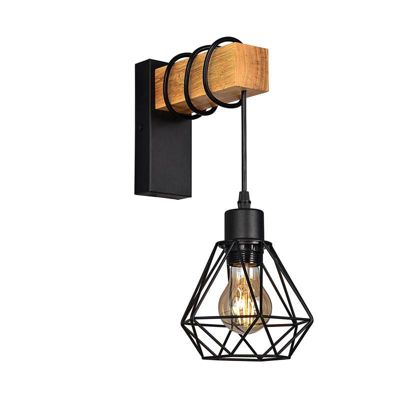 Applique murale en bois vintage avec abat-jour en cage noire et douille suspendue E27 pour salon et couloir