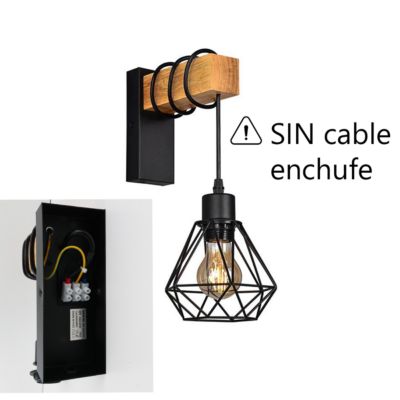 Applique murale en bois vintage avec abat-jour en cage noire et douille suspendue E27 pour salon et couloir